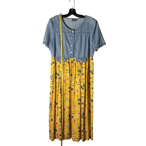 Vintage Karlie Collection Denim & Floral Midi Dress Size 14 Yellow & Blue - Picture 6 of 11
